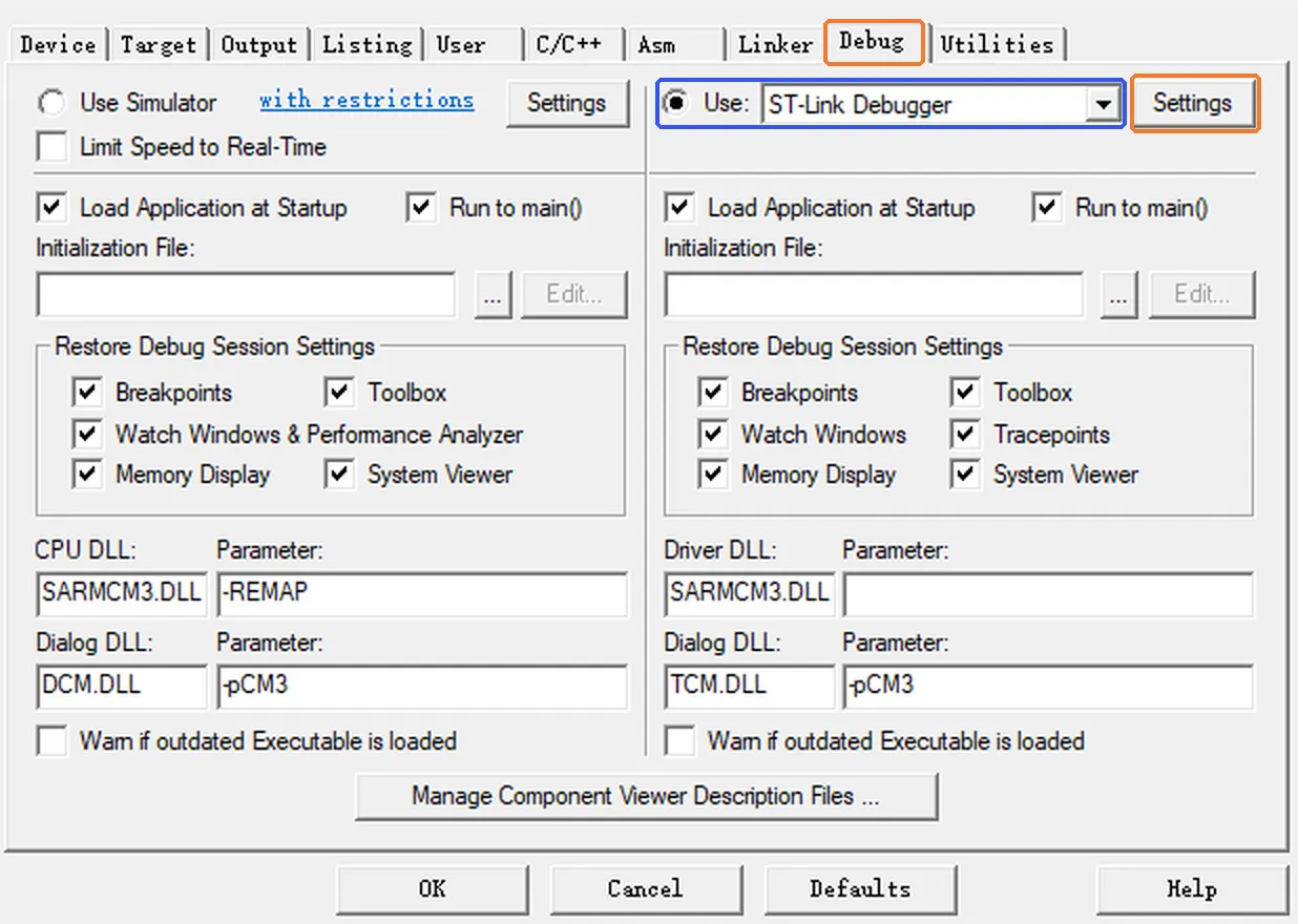 Debug 标签页，右侧 Use 和 ST-Link Debugger 用蓝框标出